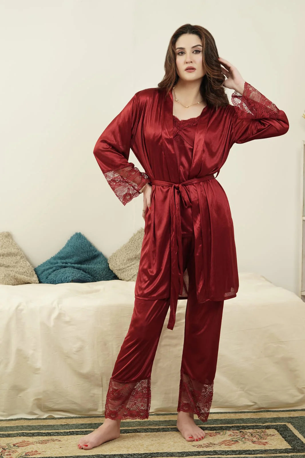 Roses Luxury – 5-Piece Premium Satin Nightwear Set [Maroon] 💋