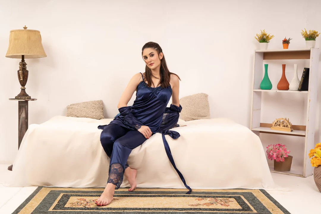 Roses Luxury – 5-Piece Premium Satin Nightwear Set [Navy Blue] 💙
