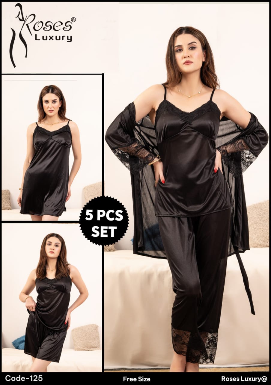 Roses Luxury – Premium Satin Nightwear Set [Black] 🖤
