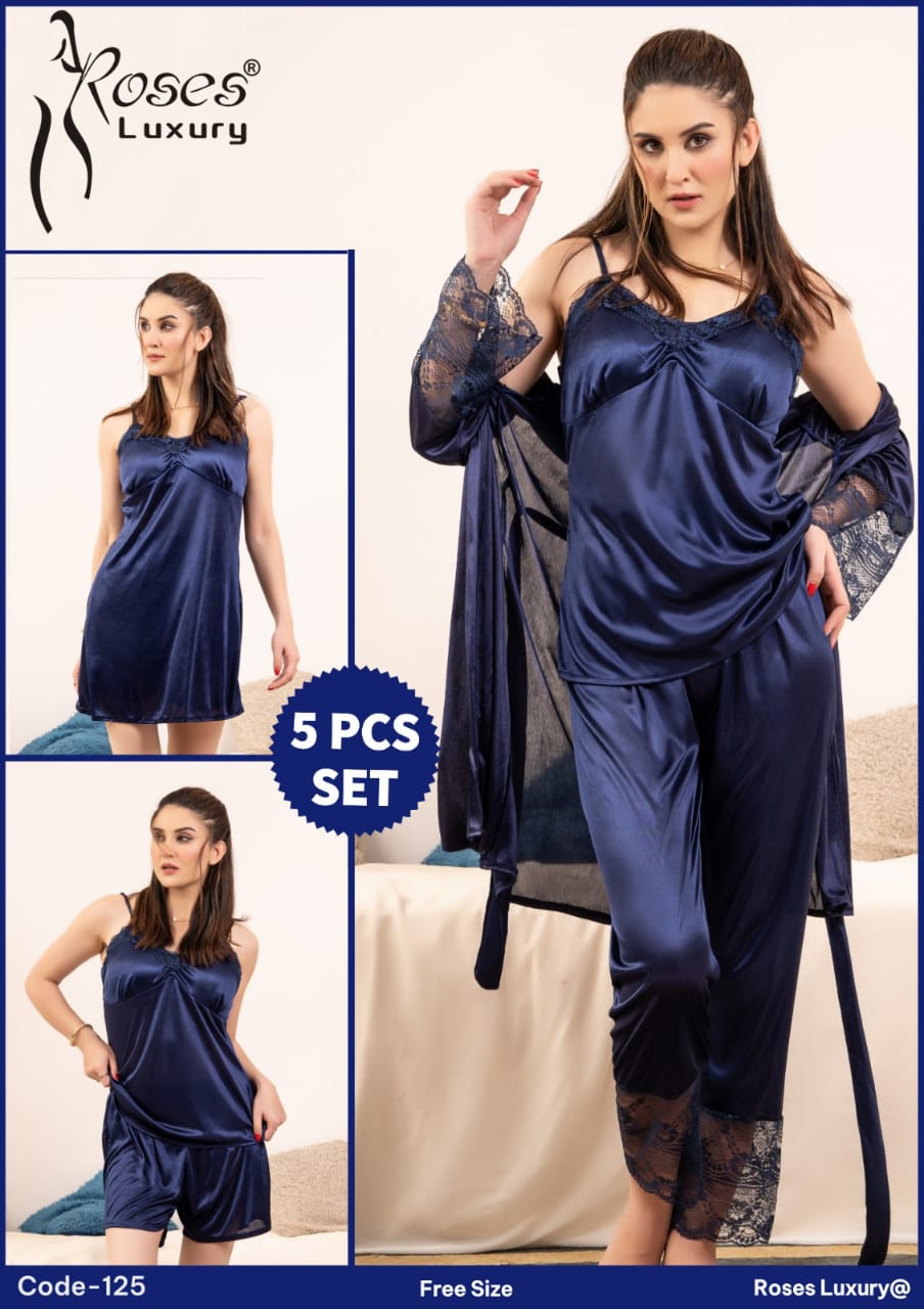 Roses Luxury – Premium Satin Nightwear Set [Navy Blue] 💙