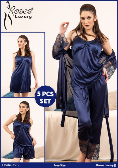 Roses Luxury – Premium Satin Nightwear Set [Navy Blue] 💙