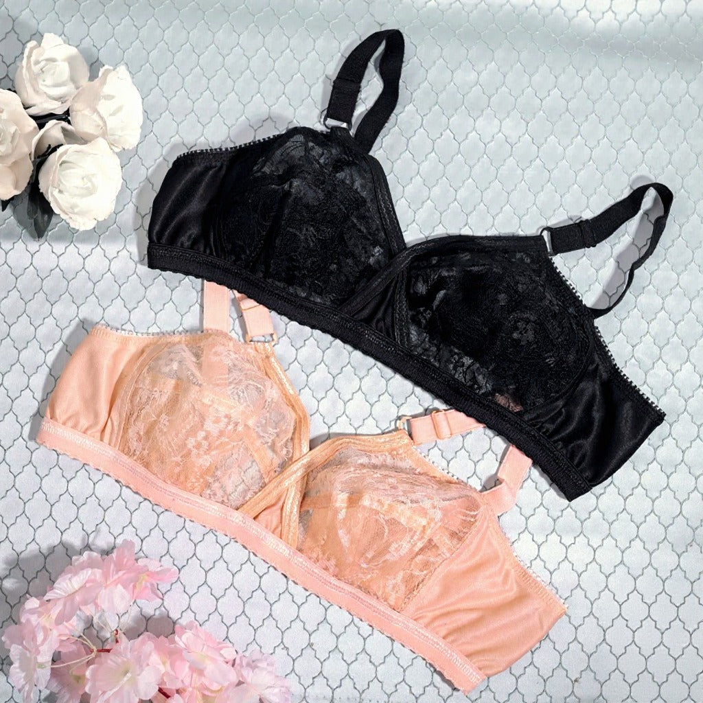 Embroided Non-Wired Full Net Transparent Cotton Non-Padded Bras [Pack of 2] 🎁